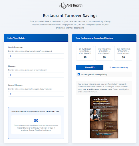 AHS Health Savings Calculator showing restaurant turnover savings analysis