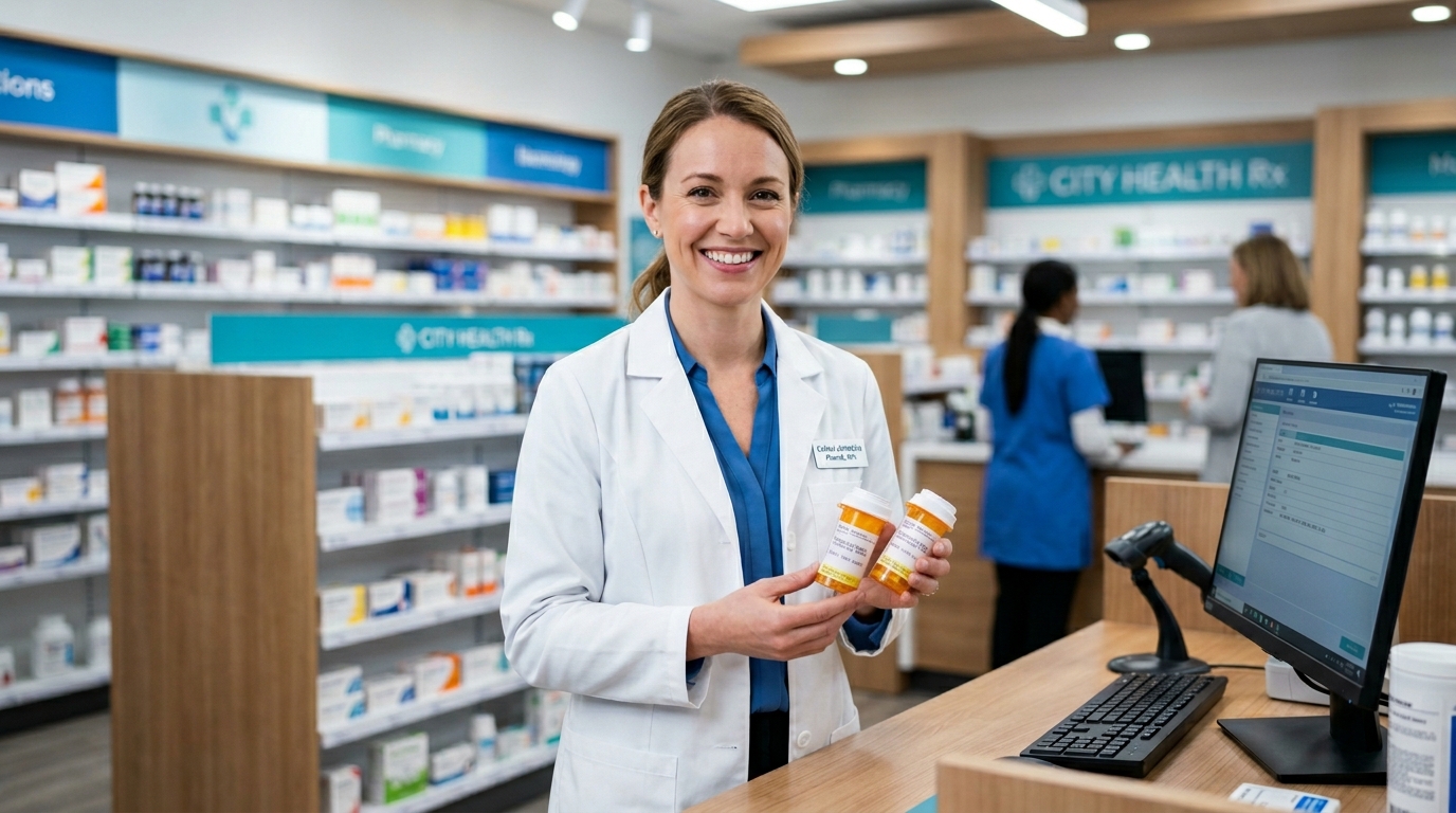 Pharmacist providing prescription medication services