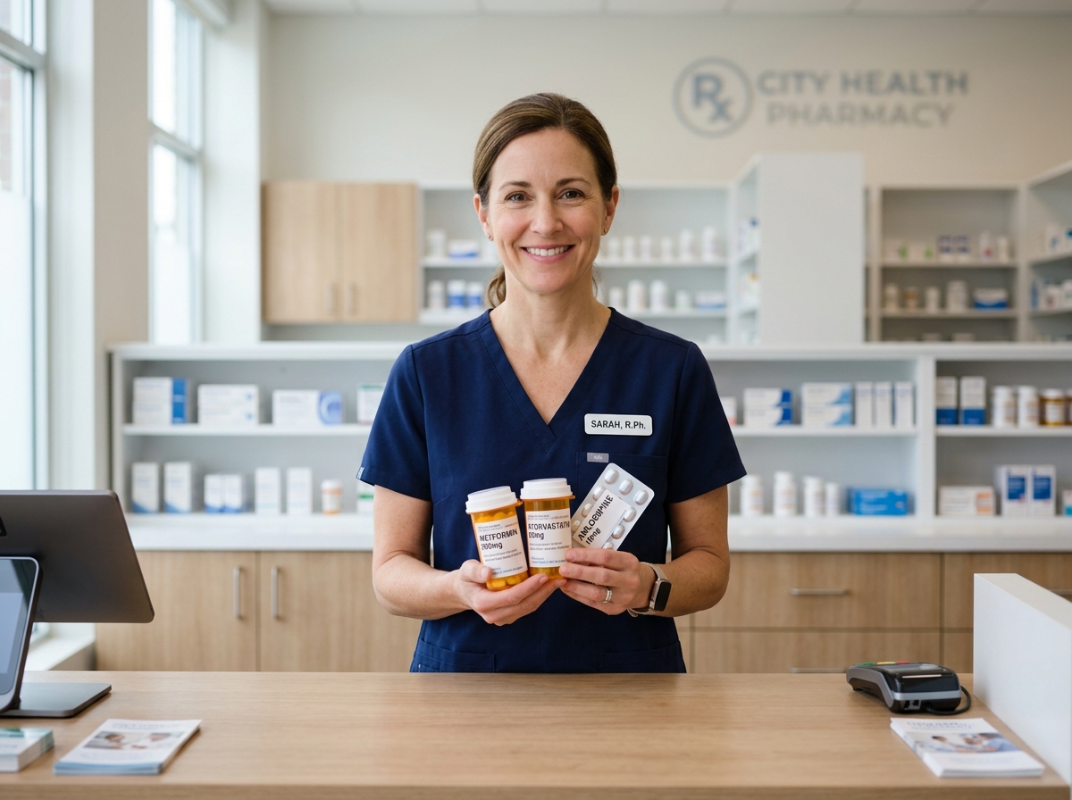 Pharmacist examining medication with expert care