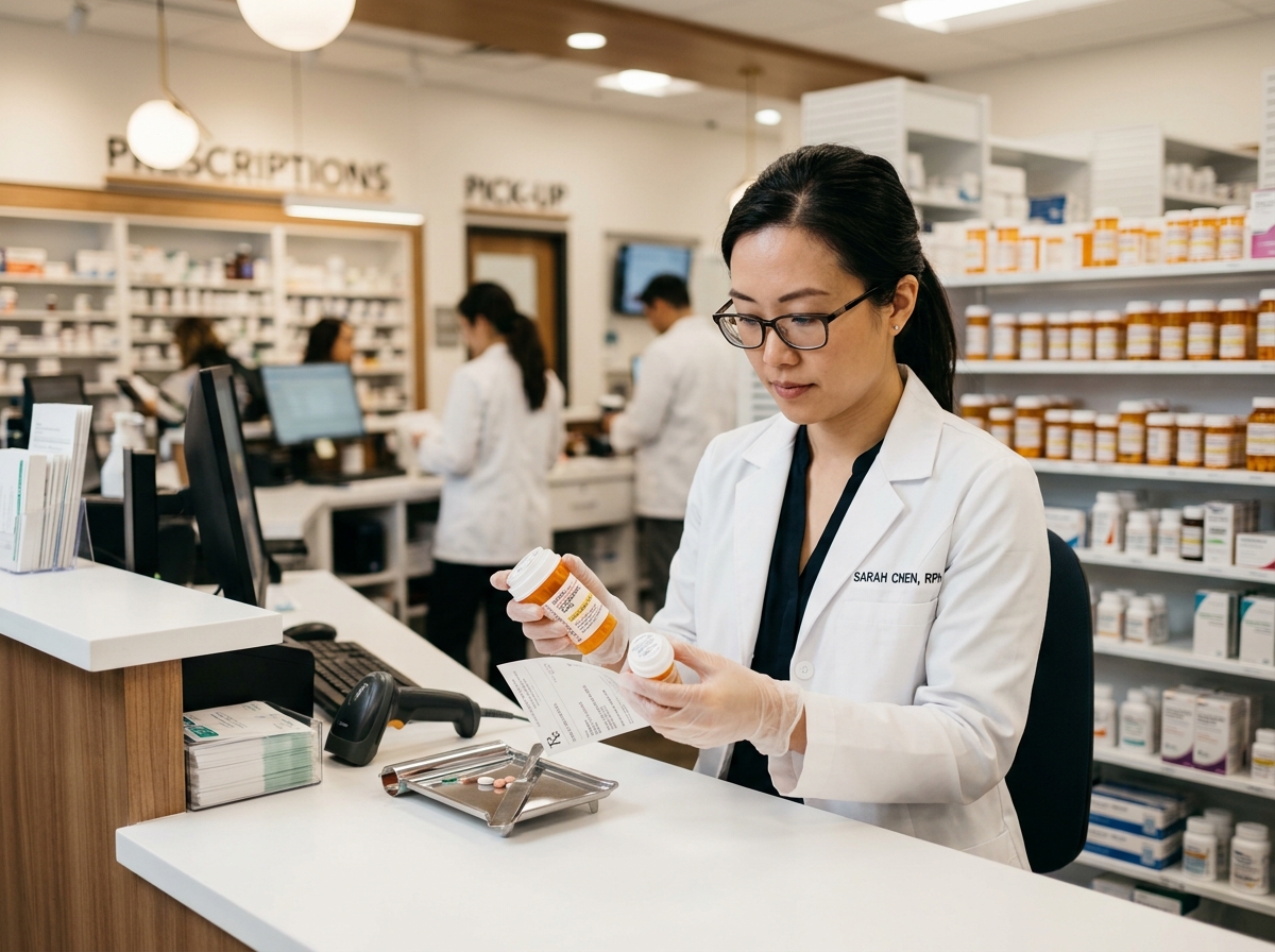 Pharmacist with medications providing prescription services
